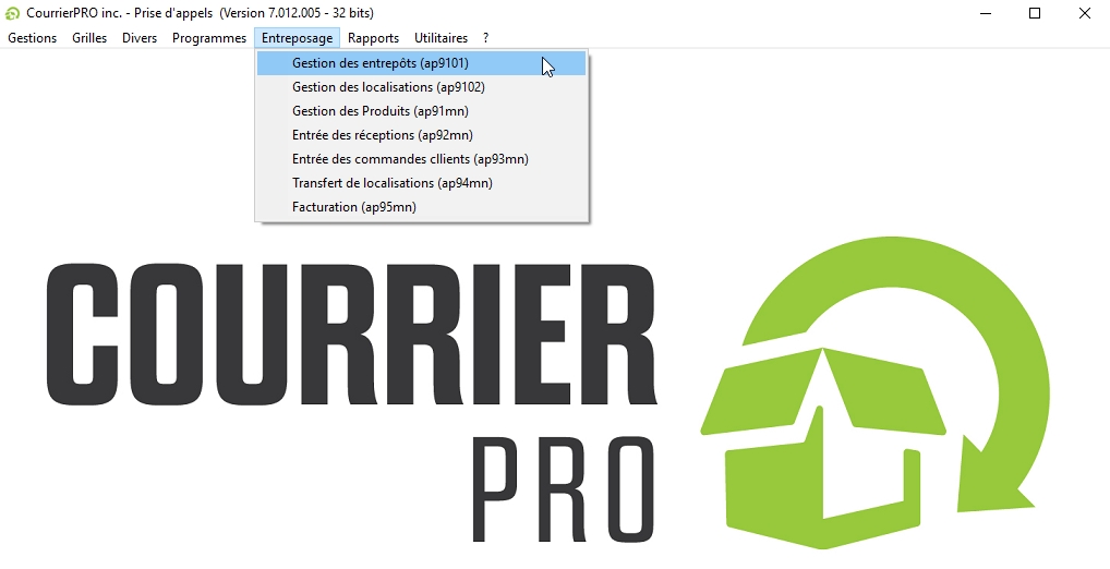 Menu du module Entreposage de CourrierPRO